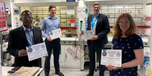 The winning team (left to right): Prof. Bryne Ngwenya, Luke Kinsman, Prof. Jason Love and Prof. Carole Morrison in a chemistry laboratory at Edinburgh University. Rosa Crevecoeur and Amrita Singh-Morgan unfortunately could not attend.